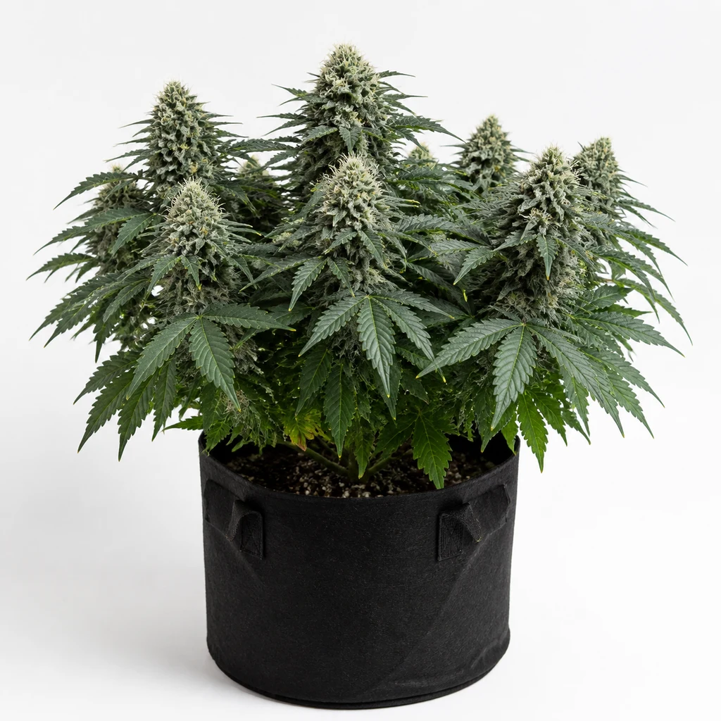 Ilustración de una planta de cannabis en floración para la ficha de White Domina, con varios cogollos y maceta negra sobre fondo blanco.
