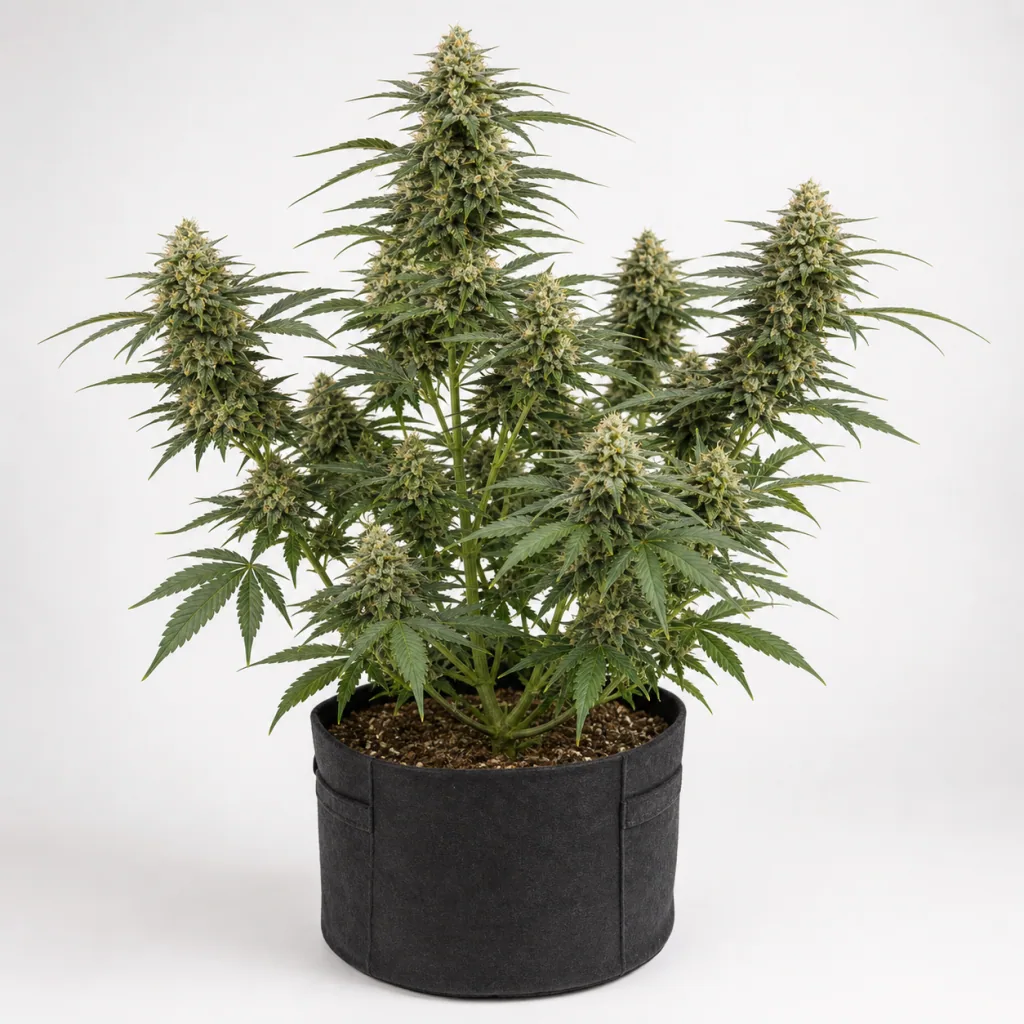 Planta de Wild Dwarf Auto de Bulk Seeds en floración, con una punta central alta y varias ramas con cogollos, en maceta negra sobre fondo blanco.
