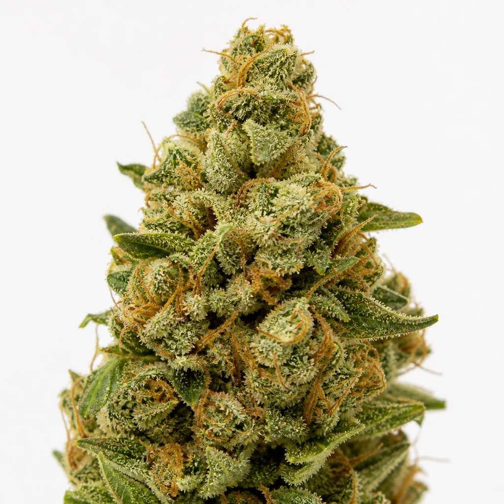 Ilustración de un cogollo alargado con hojas verdes y abundantes pistilos anaranjados para la ficha de White Haze Regular – White Label.