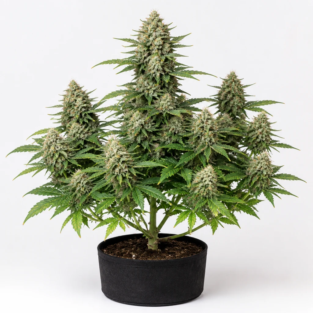 Ilustración de una planta de cannabis para la ficha de White Ice Feminizada, con flores densas y maceta negra baja sobre fondo blanco.