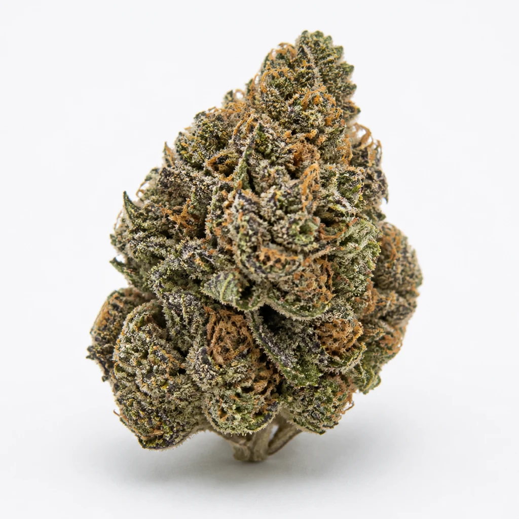 Ilustración de un cogollo compacto con tonos verdes y filamentos anaranjados para la ficha de White OG x Runtz Feminizada de Ripper Seeds.