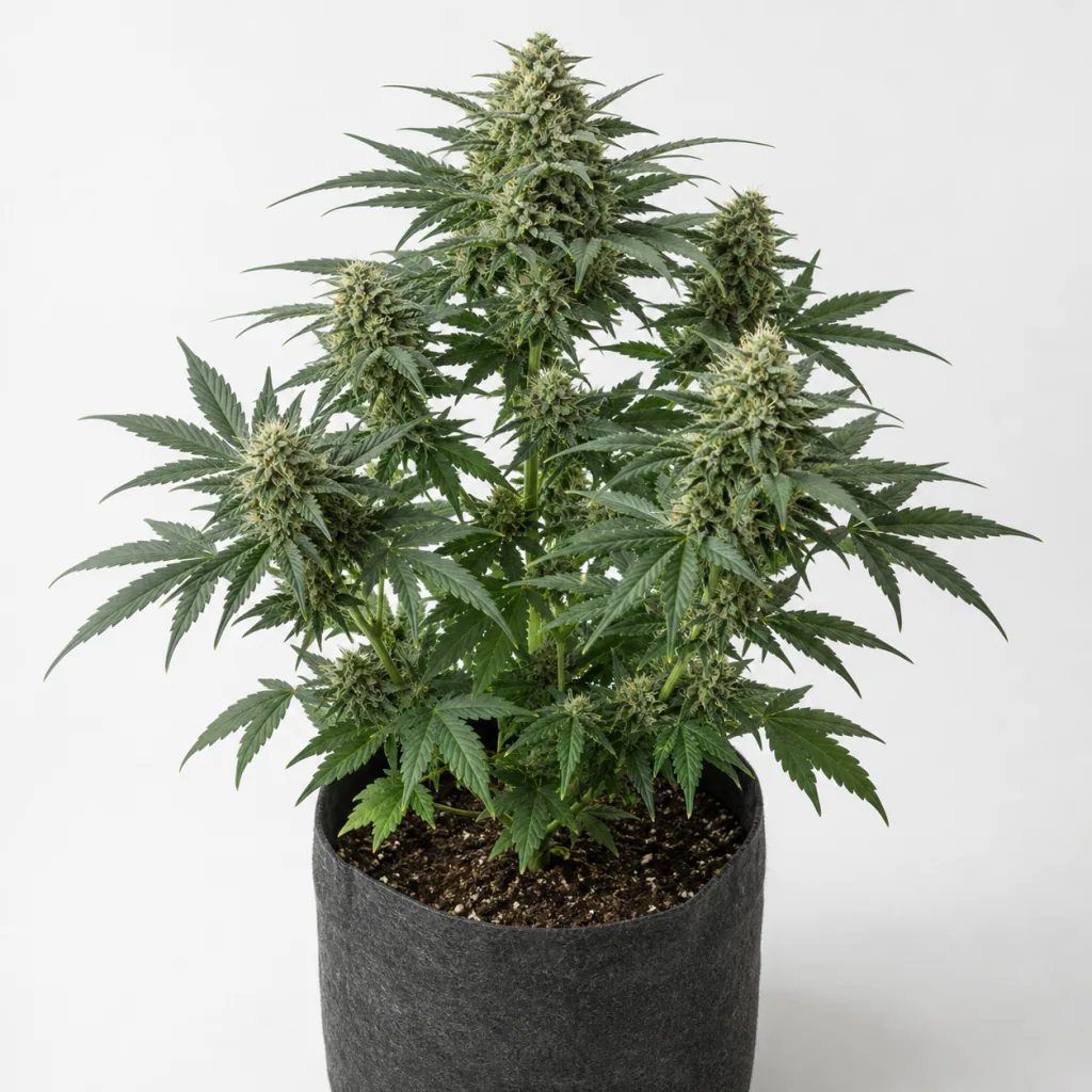 Planta White Prussian Auto de Bulk Seeds en maceta textil oscura, con hojas verdes y cogollos alargados sobre fondo blanco.