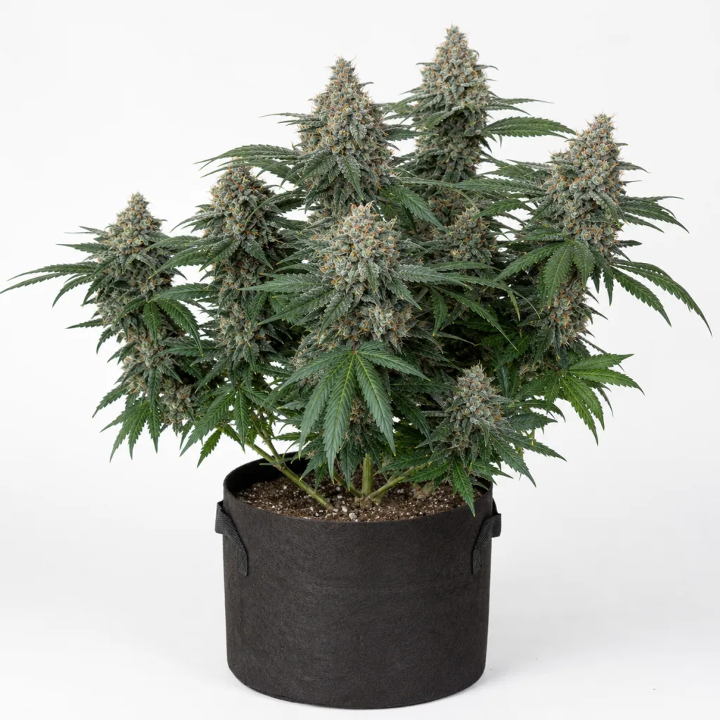 Planta de White Prussian en floración, con abundantes cogollos y hojas verdes, en maceta textil oscura sobre fondo blanco.