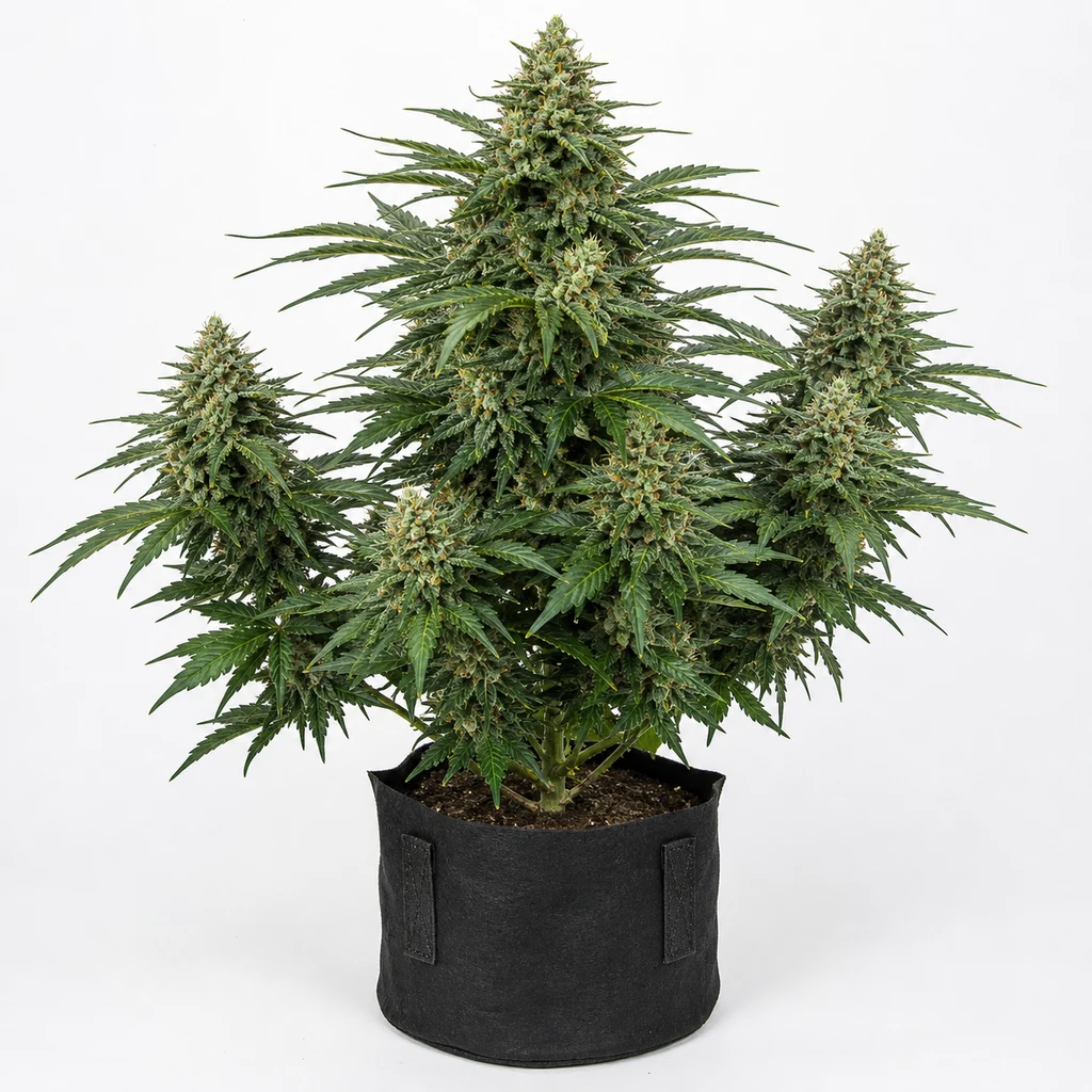 Ilustración de una planta de cannabis con una flor central alta y flores laterales en maceta negra para la ficha de White Russian Feminizada.