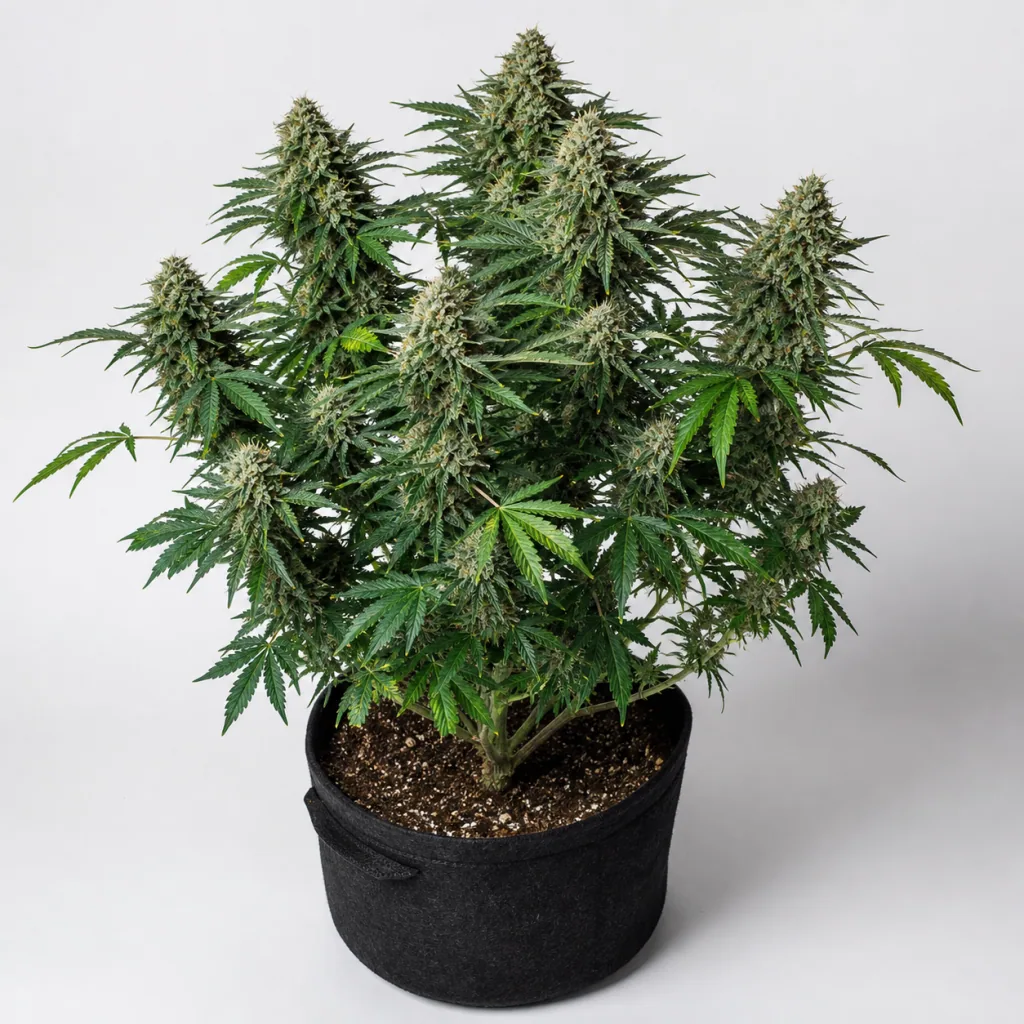 Planta de White Widow Feminizada en maceta textil negra, con numerosas ramas floridas y hojas verdes sobre fondo gris claro.