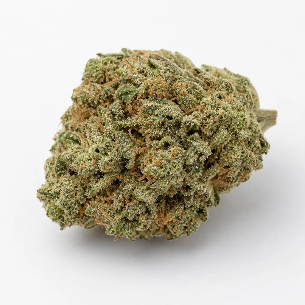 Primer plano de un cogollo de White Widow de PEV Seeds, verde con filamentos anaranjados y abundantes tricomas sobre fondo blanco. Primer plano de un cogollo de White Widow de PEV Seeds, verde con filamentos anaranjados y abundantes tricomas sobre fondo blanco.