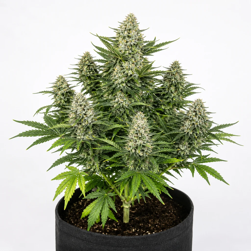 Ilustración de una planta en floración para la ficha de White Widow Autoflower, con varios cogollos y hojas verdes en una maceta negra.