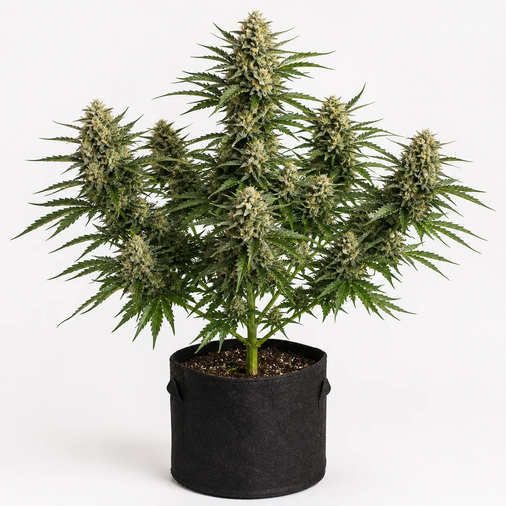 Ilustración de una planta de cannabis en maceta negra, con cogollos alargados, para la ficha de White Widow Feminizada de Pyramid Seeds.