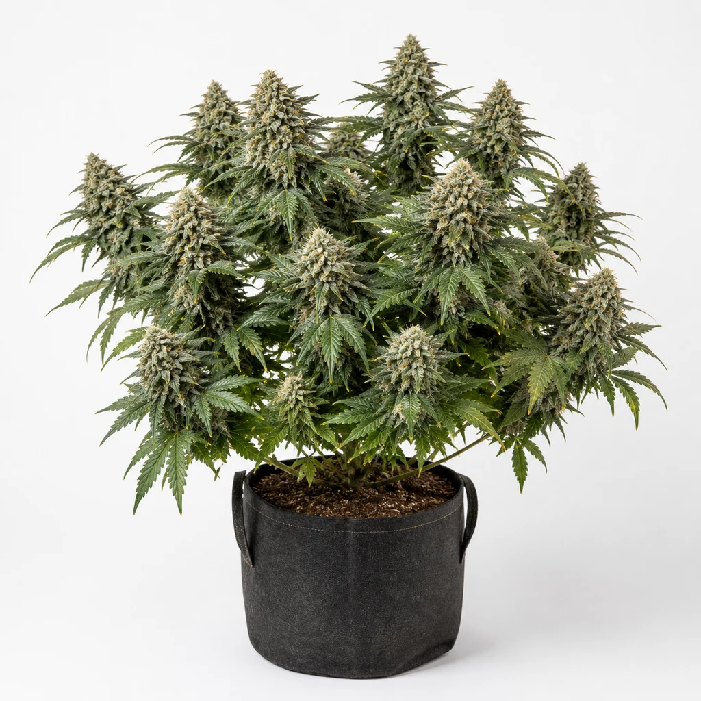 Ilustración de una planta de cannabis en floración en maceta negra para la ficha de White Widow Feminizada – White Label.