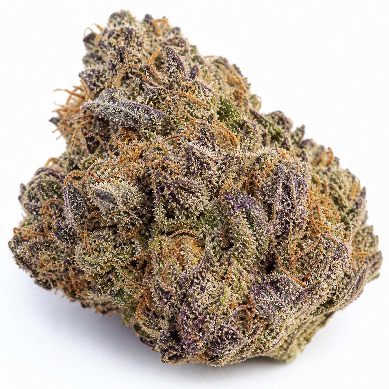 Cogollo de White Widow Auto de White Label en primer plano, con tonos verdes y morados, pistilos anaranjados y abundantes tricomas.