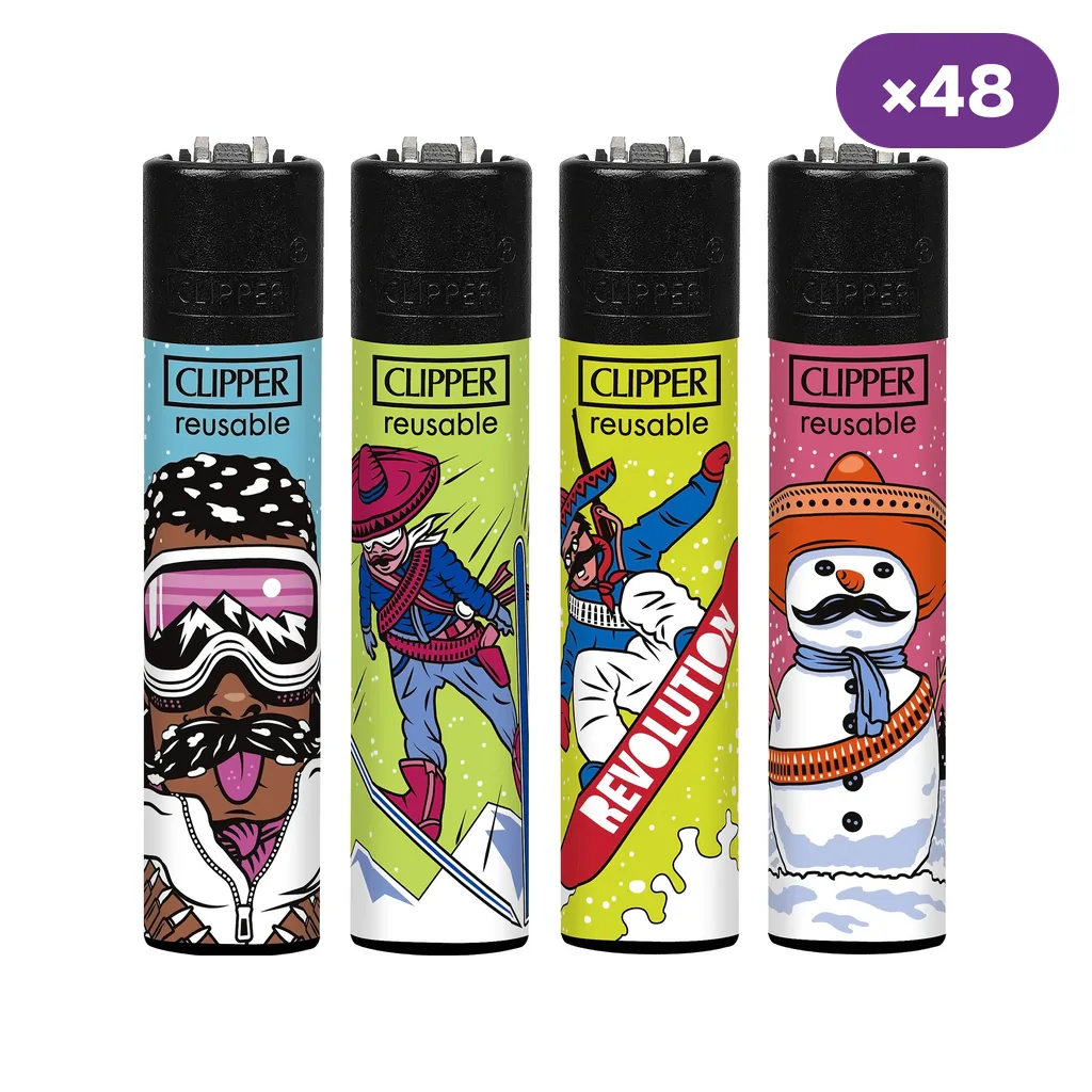 Selección de encendedores Clipper con diseños de deportes de invierno y muñeco de nieve con sombrero; distintivo «×48».