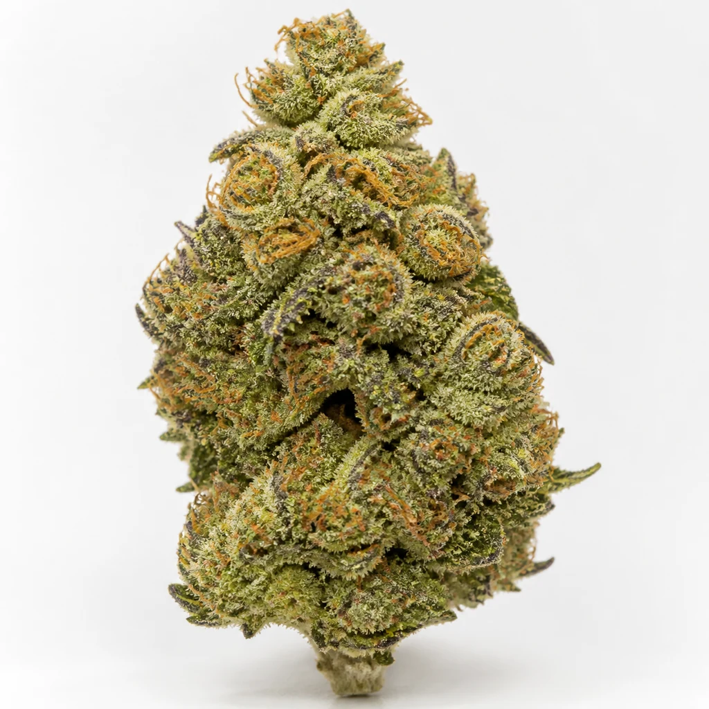 Ilustración de un cogollo verde con filamentos anaranjados y superficie blanquecina para la ficha de Wonder Woman Feminizada de Nirvana Seeds.