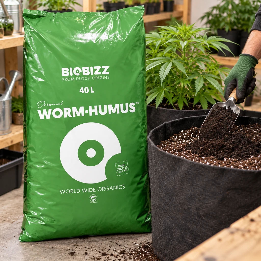 Saco verde de Worm Humus Biobizz de 40 L junto a una maceta de tela, donde una mano con guante vierte sustrato con una pala.