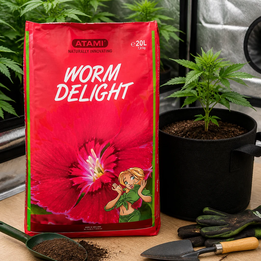Bolsa roja de Worm Delight Atami junto a una planta en maceta negra, con una pala, guantes y un recogedor con sustrato delante. Bolsa roja de Worm Delight Atami junto a una planta en maceta negra, con una pala, guantes y un recogedor con sustrato delante.
