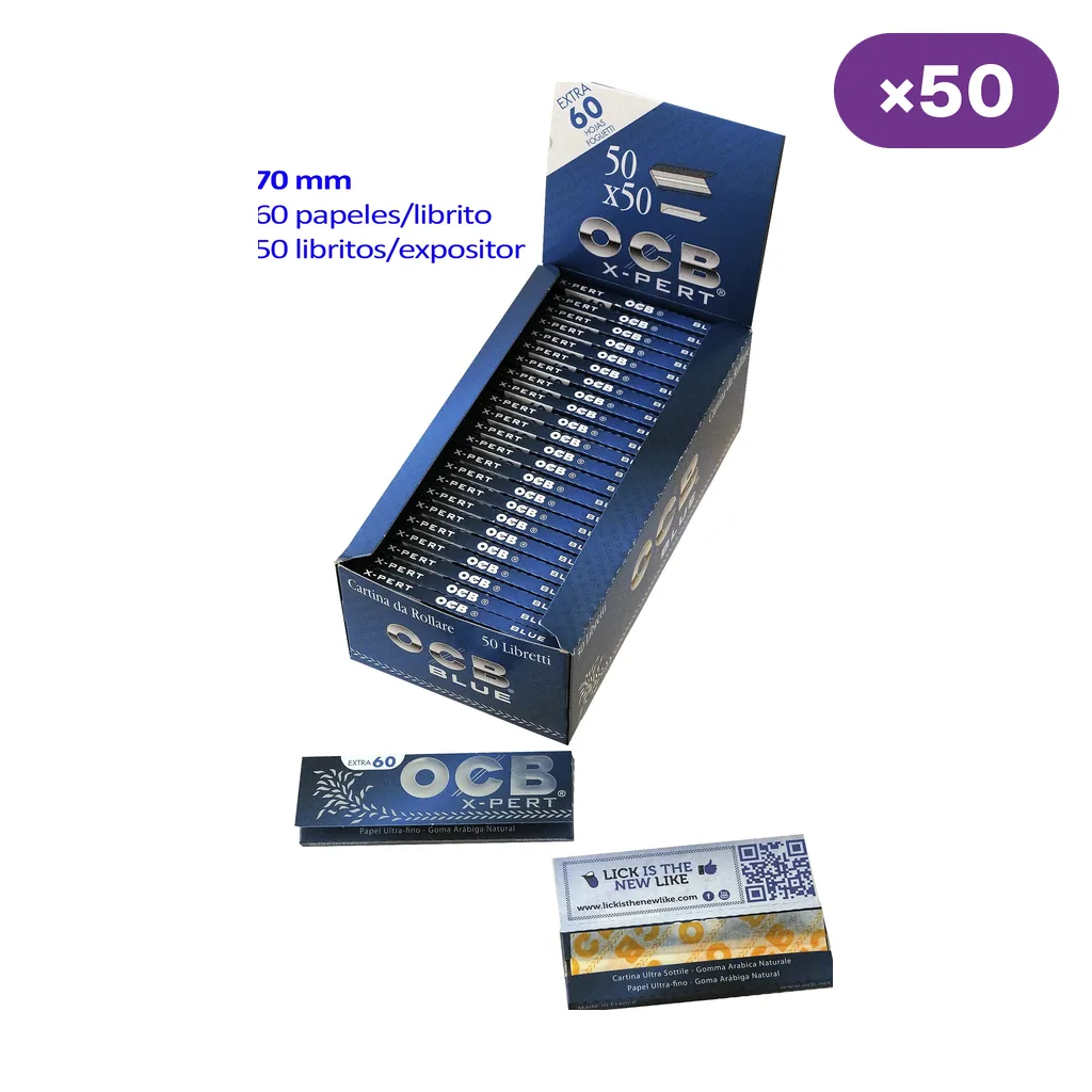 Expositor azul de papel OCB X-Pert con libritos alineados y dos vistas de un librito, una de ellas abierta mostrando un código QR.