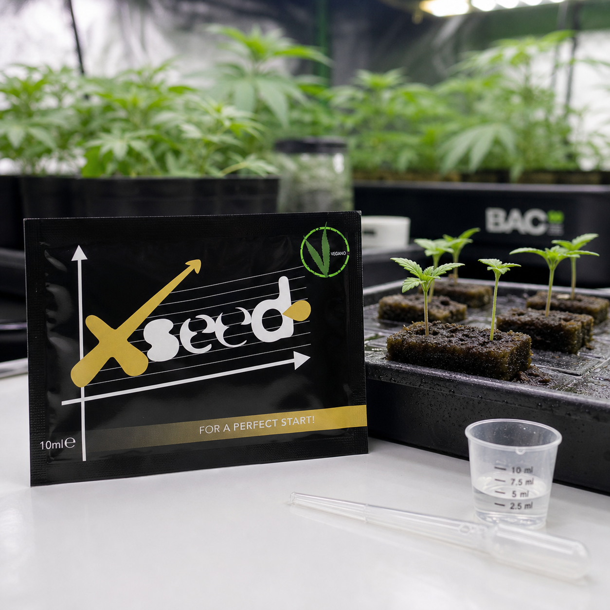 Sobre negro de X-Seed de BAC junto a una bandeja de plántulas, un vaso graduado y una pipeta, en un cultivo interior.