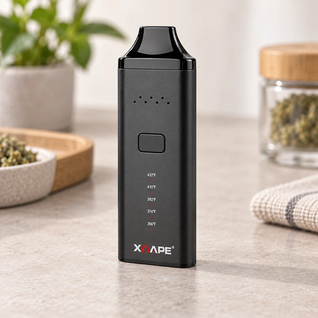 Vaporizador X-Vape Avant negro, con botón frontal e indicadores de temperatura, sobre una encimera junto a recipientes con hierba.