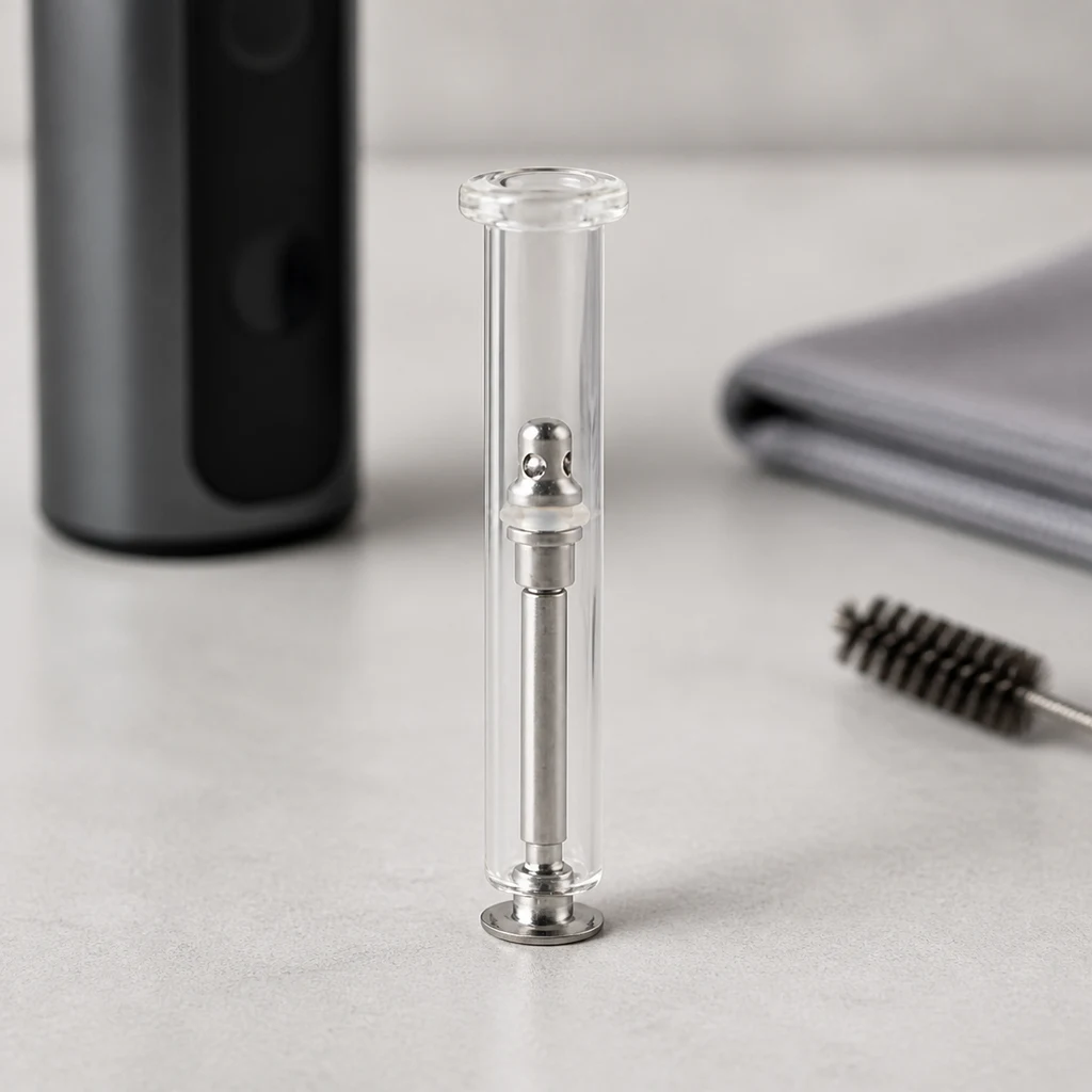 Pieza tubular transparente con componente metálico interior, colocada de pie junto a un cepillo y un dispositivo desenfocados.