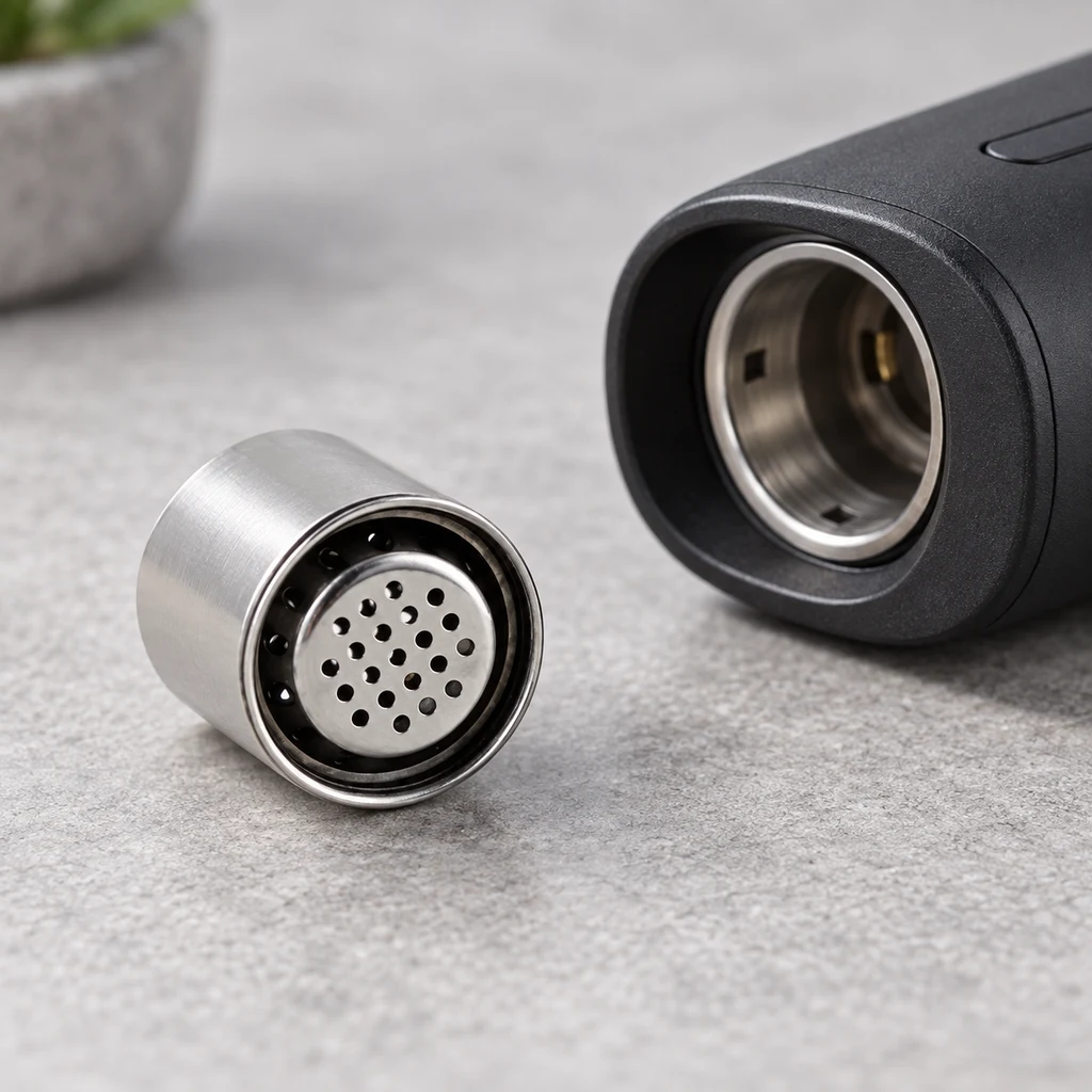 Cápsula metálica X-Vape OONT con base perforada, separada de la cámara abierta de un vaporizador negro sobre una superficie gris.