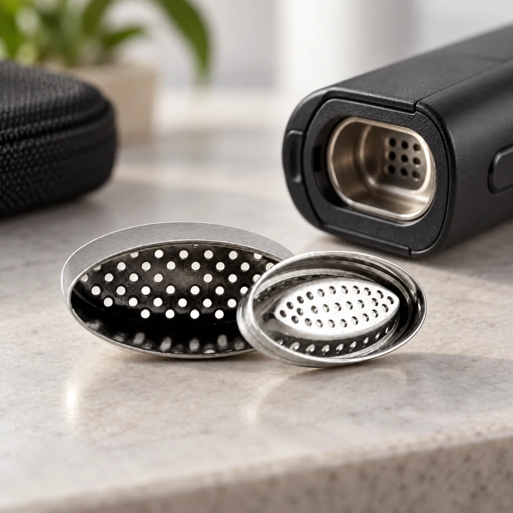 Cápsula dosificadora X-vape Starry V.4 abierta, con piezas metálicas perforadas junto a la cámara descubierta de un vaporizador negro.