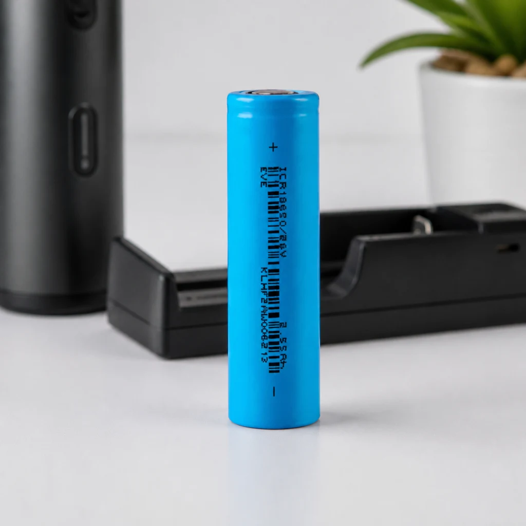 Batería cilíndrica azul 18650 para X-vape Starry V4.0, en vertical junto a un cargador negro y un vaporizador desenfocados.