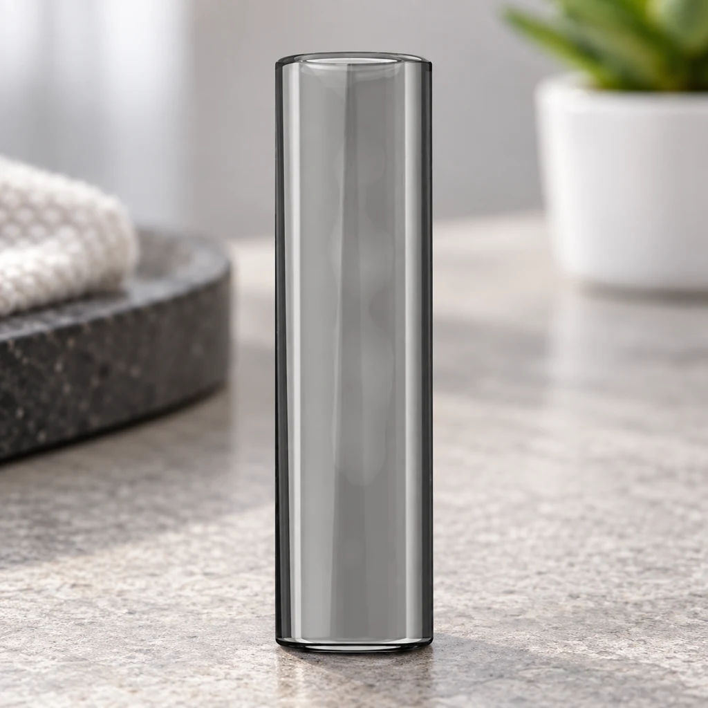Boquilla X-MAX V3 Nano de forma tubular, gris translúcida y colocada verticalmente sobre una encimera, con el fondo desenfocado.