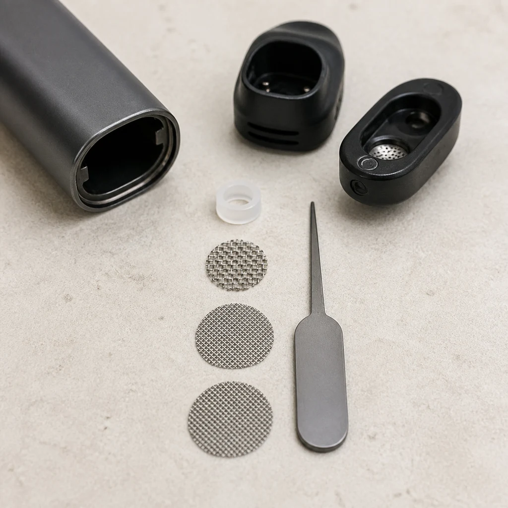Filtros circulares de malla del X-max V3 Nano junto a piezas de un vaporizador desmontado, un aro translúcido y una herramienta metálica.