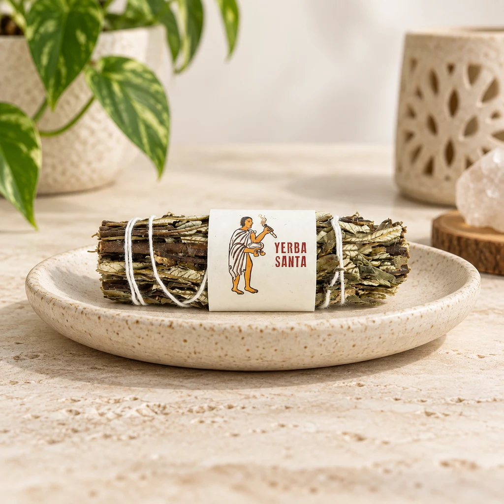 Manojo de Yerba Santa atado con hilo blanco sobre un plato beige, con etiqueta central y plantas y objetos decorativos al fondo.