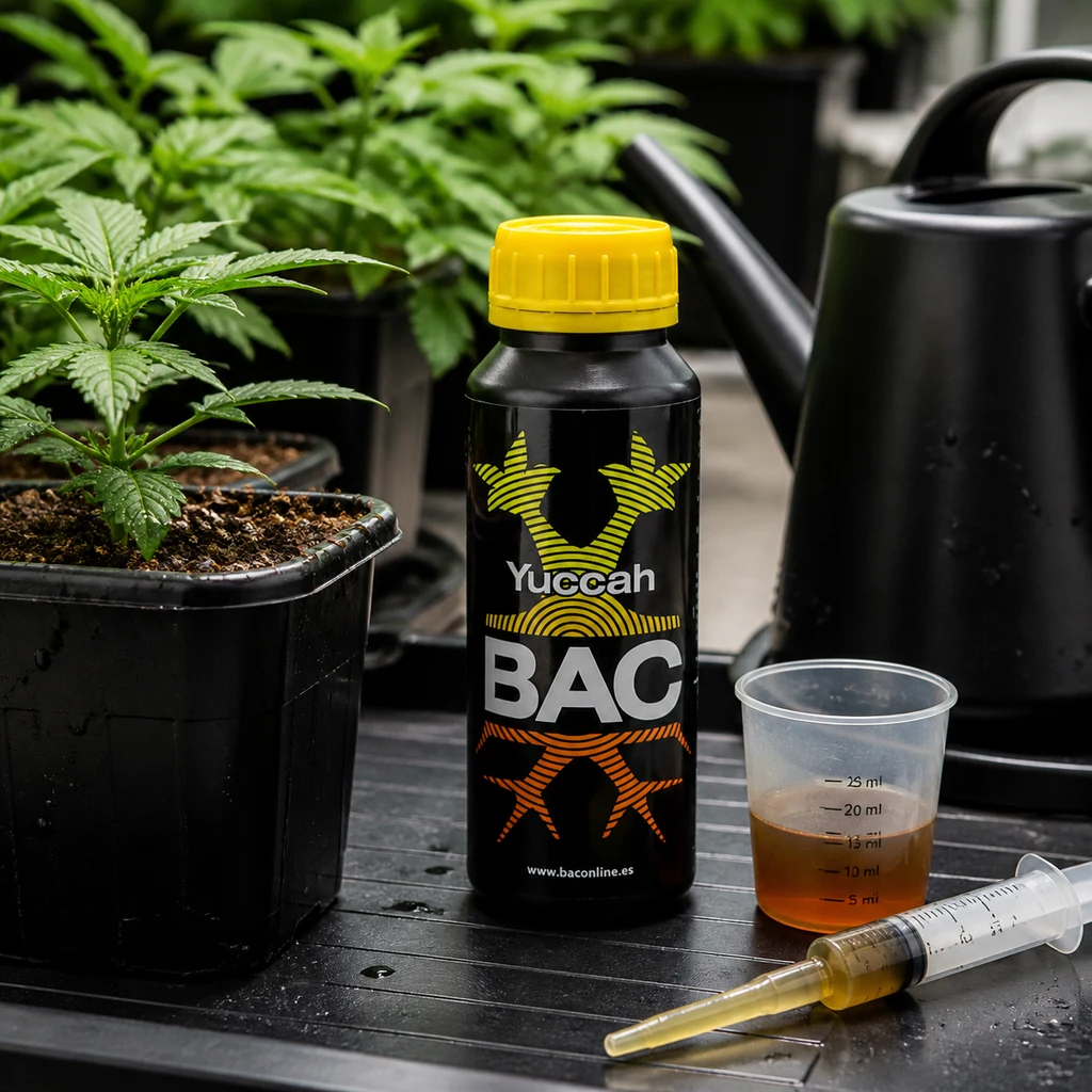 Escena generada con botella negra de BAC Yuccah con tapón amarillo, vaso dosificador y jeringa junto a plantas y una regadera.