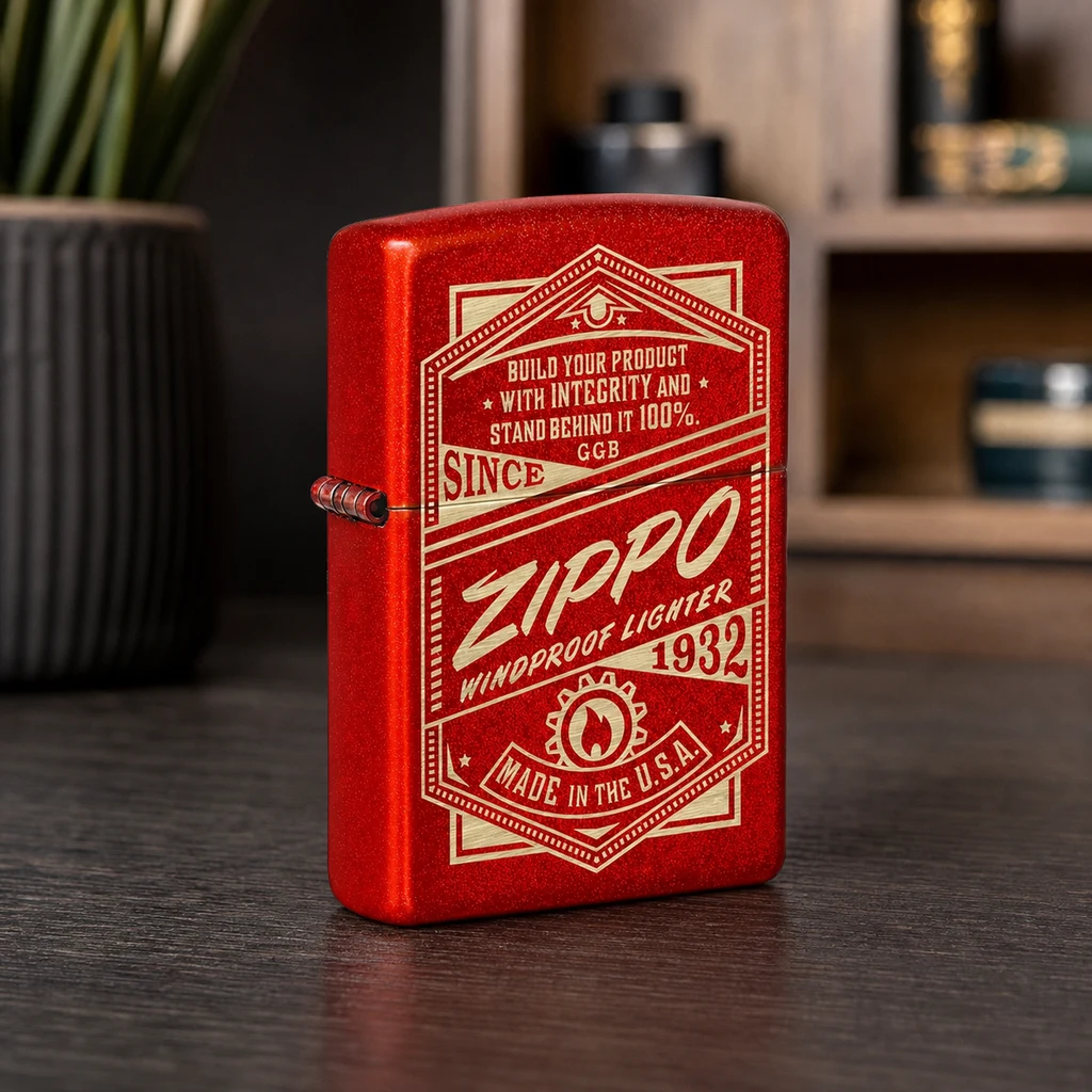 Encendedor Zippo Vintage rojo, cerrado y de pie sobre una mesa oscura, con diseño tipográfico dorado e inscripción «Since 1932».