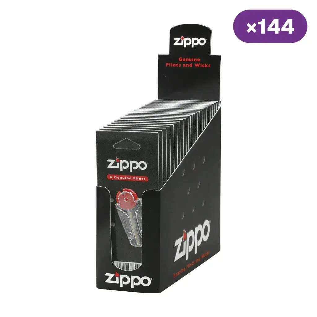 Expositor negro de piedras para encendedor Zippo con varias unidades en blíster, etiquetas de 6 piedras e indicación de 144 unidades.