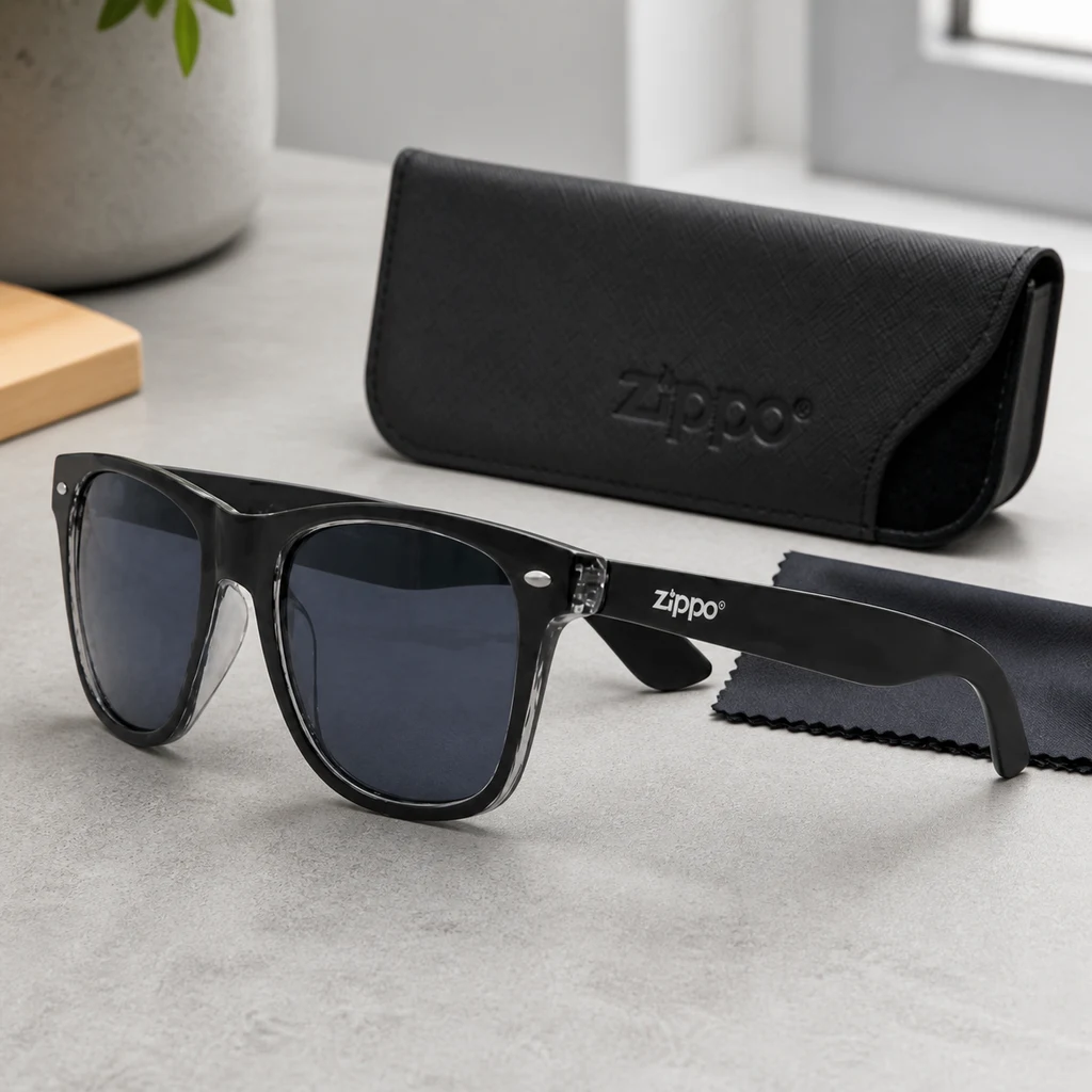 Gafas de sol Zippo de montura negra y lentes oscuras sobre una mesa gris, junto a una funda negra con el logotipo y un paño.