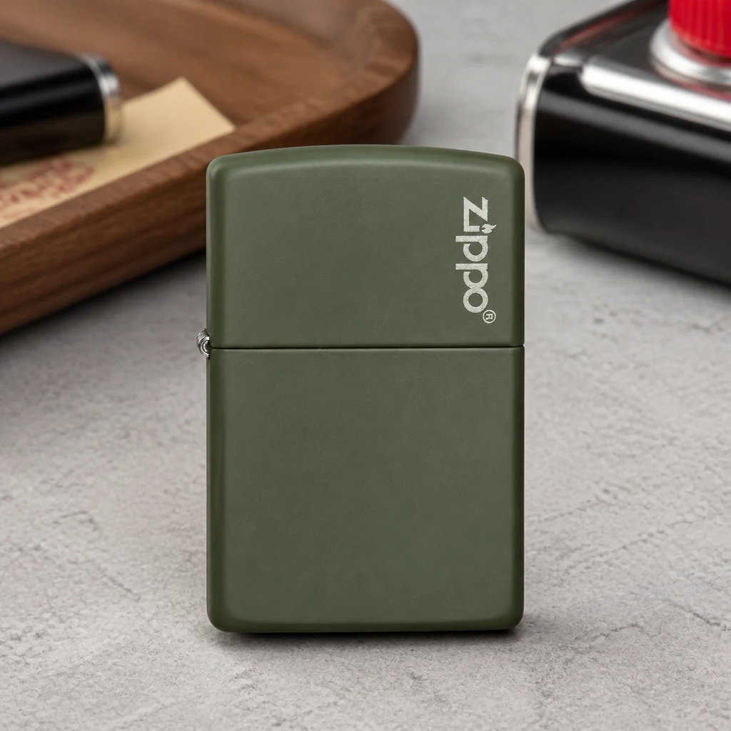 Encendedor Zippo Green Matte cerrado, de color verde mate y con logotipo blanco vertical, sobre una superficie gris.