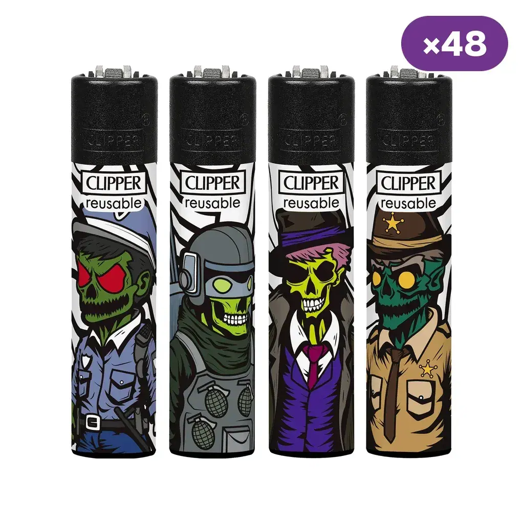 Encendedores Clipper Zombie Force con parte superior negra y distintos dibujos de zombis vestidos de policía, soldado, caballero y sheriff.