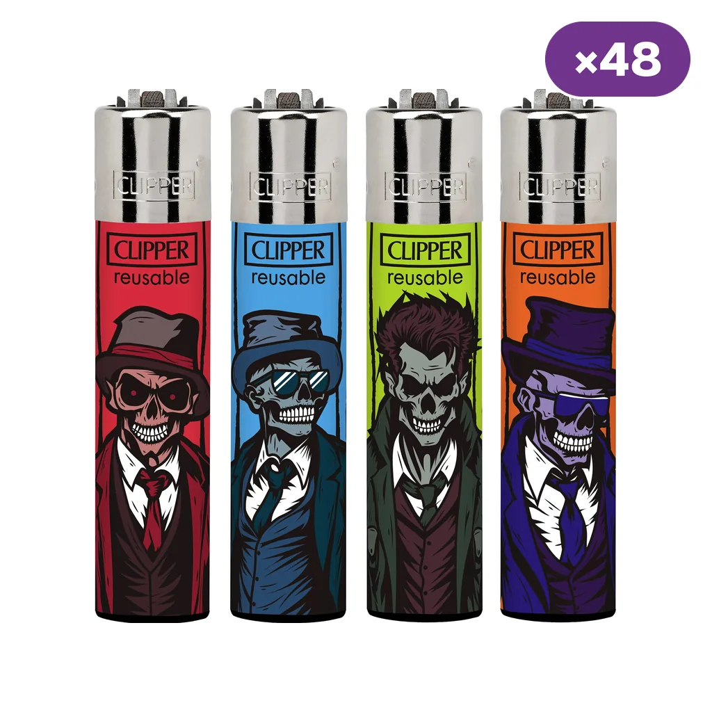 Cuatro diseños de encendedores Clipper con personajes de calavera vestidos de gánster sobre fondos rojo, azul, verde y naranja; indicación ×48.