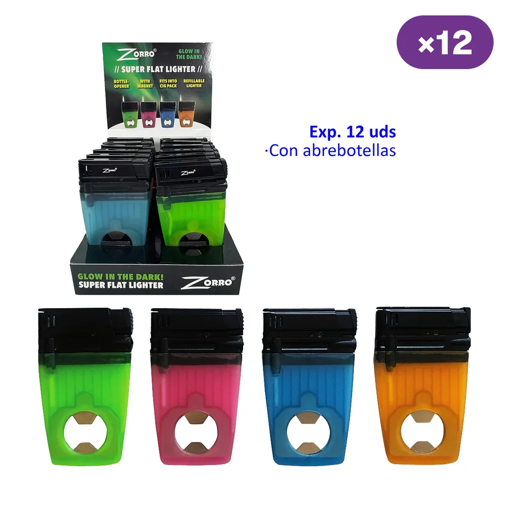 Expositor de encendedores Zorro y modelos en verde, rosa, azul y naranja, con cabezal negro y abrebotellas circular en la base.