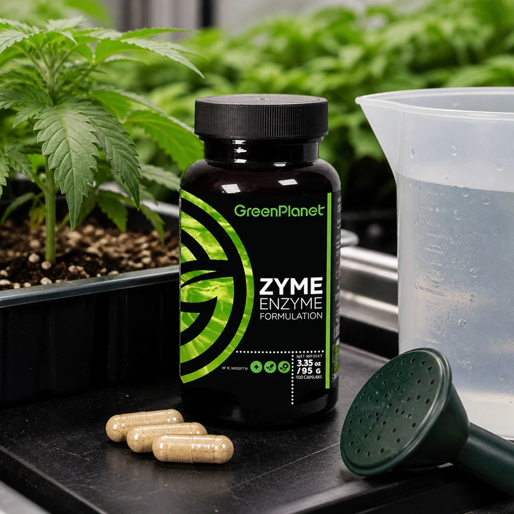 Escena generada de un bote Zyme Caps Green Planet con cápsulas, una jarra con agua y una alcachofa de riego junto a plantas. Escena generada de un bote Zyme Caps Green Planet con cápsulas, una jarra con agua y una alcachofa de riego junto a plantas.